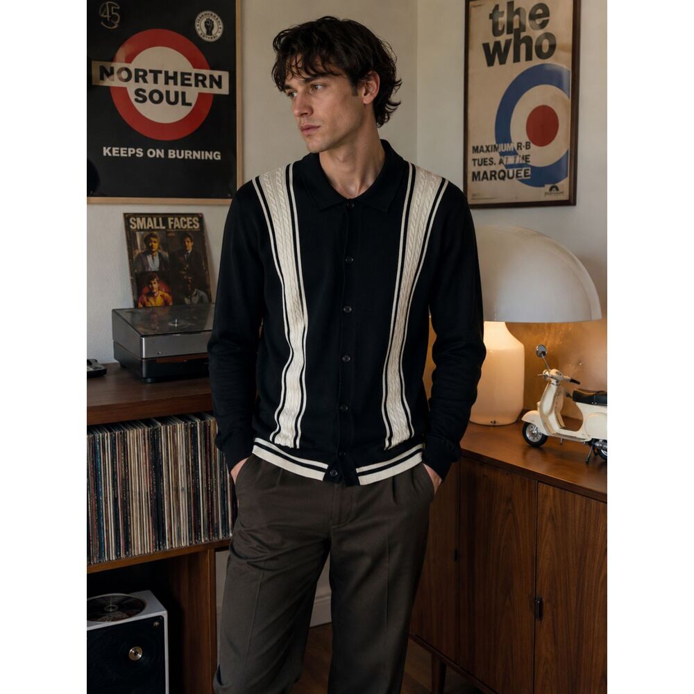 Ben Sherman Black White Ribbed Cardigan Pullover Polo Sweater   Mens Size Small